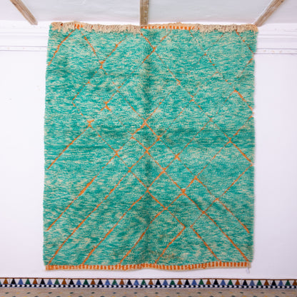 Handmade Mrirt Rug – 100% Wool Moroccan Berber Carpet – Vibrant Green & Orange Diamond Pattern Rug – Boho, Eclectic, & Modern Home Decor