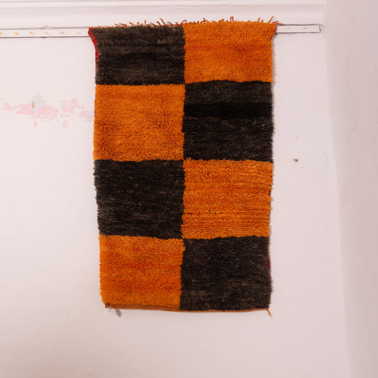 Vintage Moroccan Corridor Rug - Orange & Brown Checkerboard Runner - Handwoven Wool