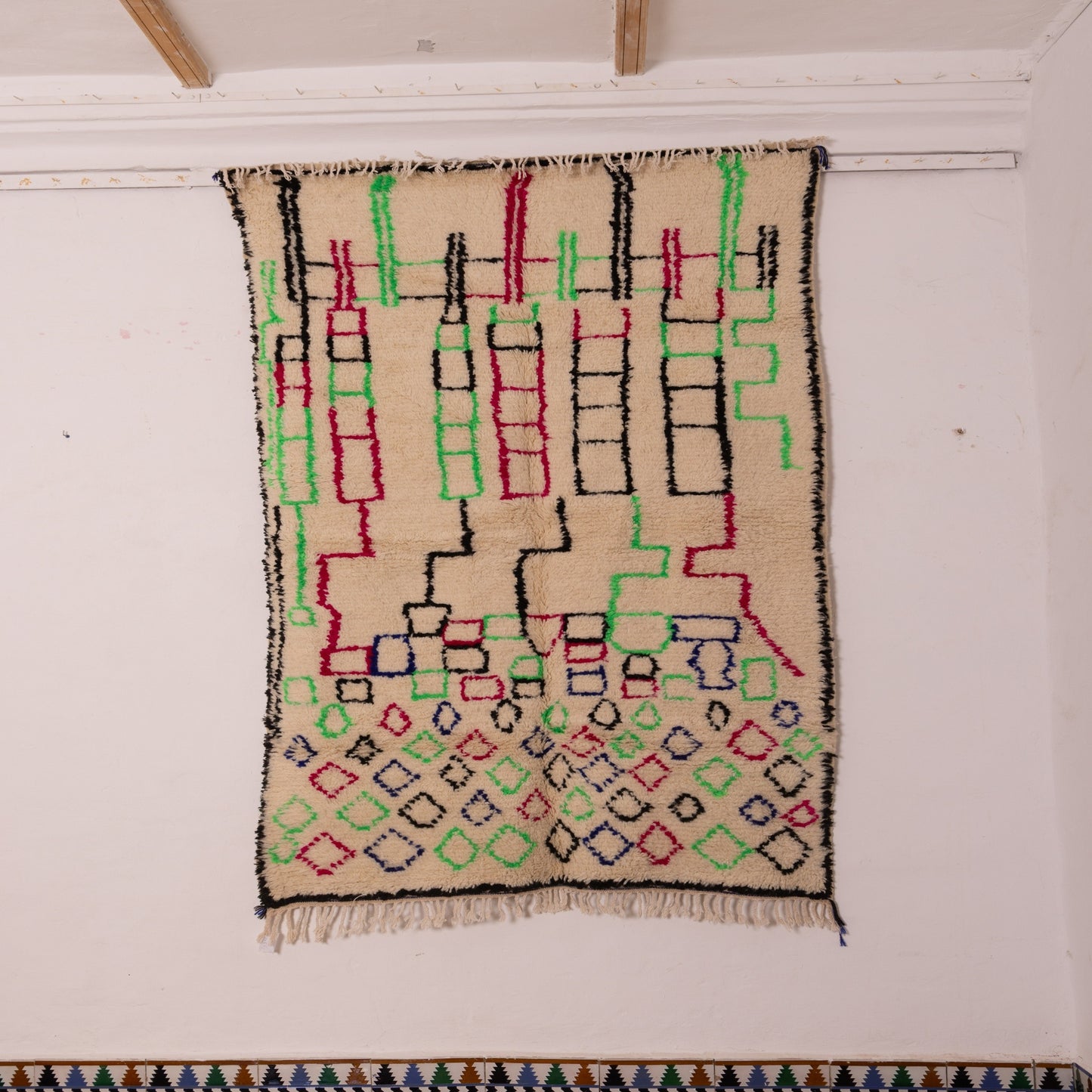 Moroccan Azilal Rug - Neon Geometric Design - Handmade 80% Wool 20% Cotton - Bright Boho Area Rug or Wall Hanging