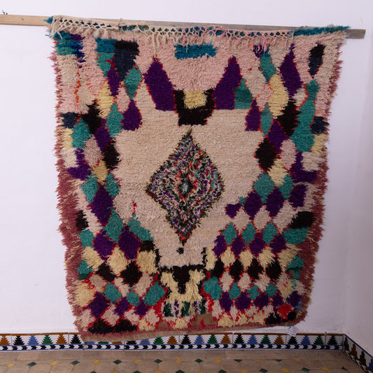 Vintage Azilal Rug – Moroccan Diamond Pattern Wool Carpet - Handwoven Berber Shag Rug - Colorful Tribal Wall or Floor Décor