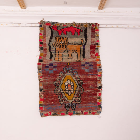Vintage Moroccan Corridor Rug - Rare Tribal Animal Motif Runner with Lion & Camel - Handwoven Berber Red Wool Hallway Carpet