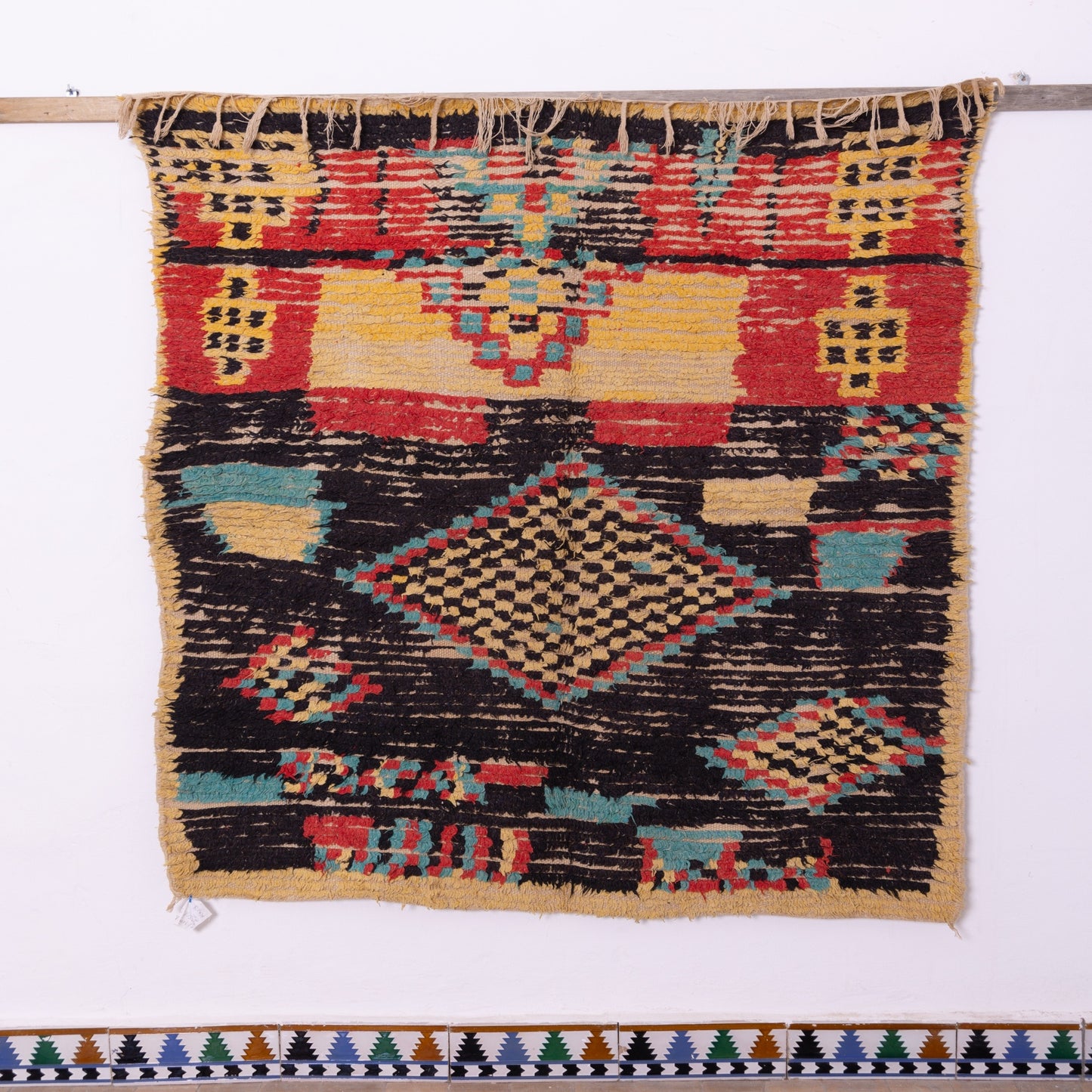 Vintage Azilal Rug with Tribal Diamond Motifs - Bold Bohemian Moroccan Wool Carpet - Handwoven Berber Art