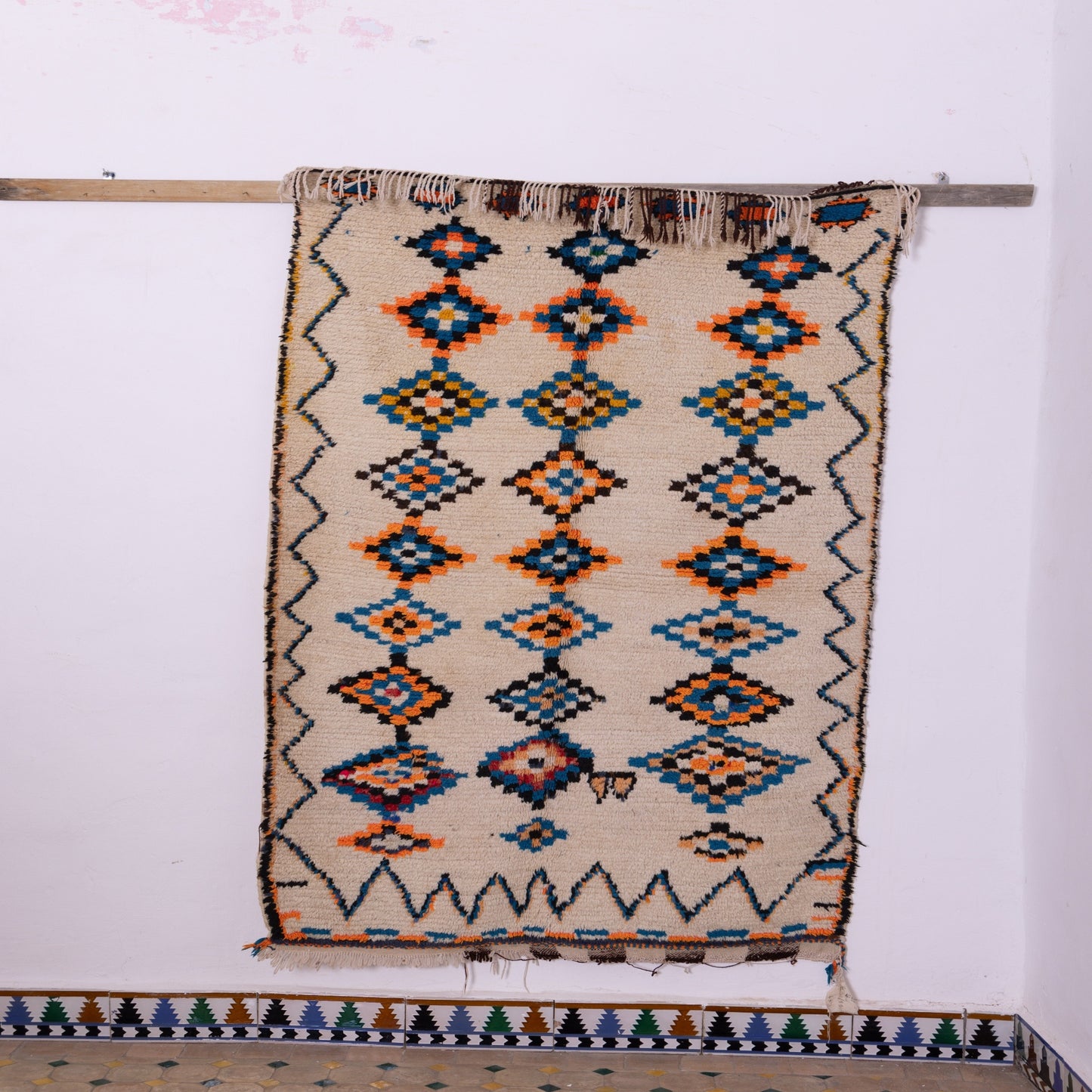 Vintage Azilal Wool Rug - Diamond Eye Motifs in Turquoise, Amber & Indigo - Handwoven Moroccan Tribal Textile