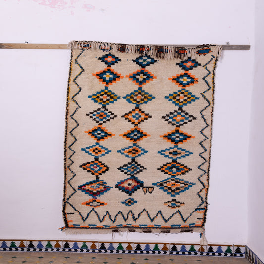 Vintage Azilal Wool Rug - Diamond Eye Motifs in Turquoise, Amber & Indigo - Handwoven Moroccan Tribal Textile
