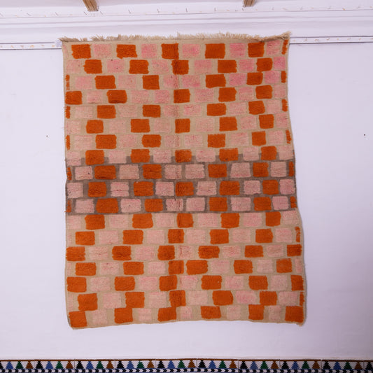 Handwoven Taznakht Moroccan Rug – 100% Wool Pink & Orange Checkerboard Carpet – Authentic Berber Artisan Weaving – Vibrant Geometric Design