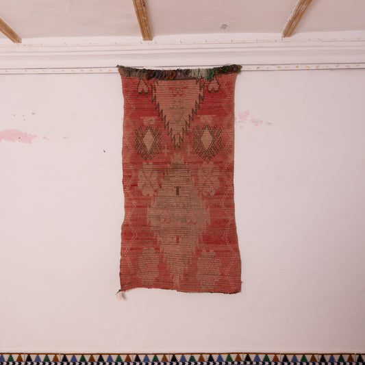 Vintage Moroccan Corridor Runner Rug - Handwoven Wool Carpet - Red & Beige Diamond Design