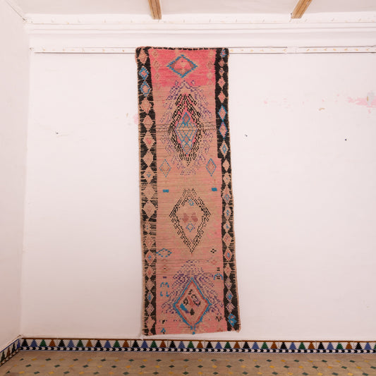 Vintage Moroccan Corridor Rug - Pink & Indigo Tribal Runner - Berber Hallway Carpet