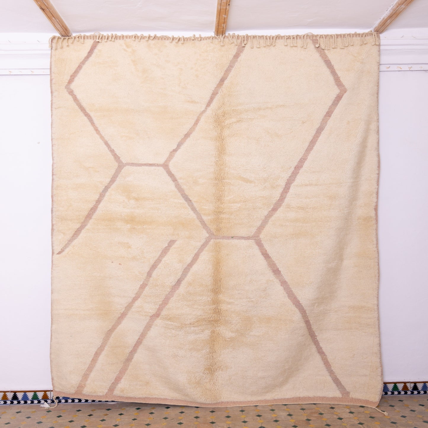 Handmade Mrirt Rug – 100% Wool Moroccan Berber Carpet – Cream & Beige Abstract Geometric Wool Rug – Luxury Minimalist & Bohemian Home Decor
