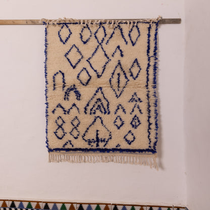 Blue Diamond Azilal Rug - Handwoven Wool & Cotton Moroccan Runner - Tribal Minimalist Berber Carpet