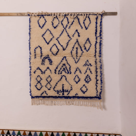 Blue Diamond Azilal Rug - Handwoven Wool & Cotton Moroccan Runner - Tribal Minimalist Berber Carpet