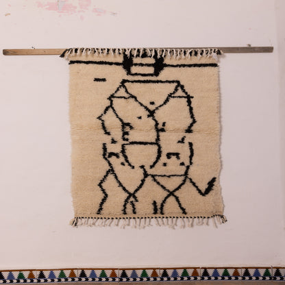 Modern Abstract Azilal Rug - Handmade Moroccan Wool & Cotton Wall Tapestry - Tribal Black Line Art Carpet