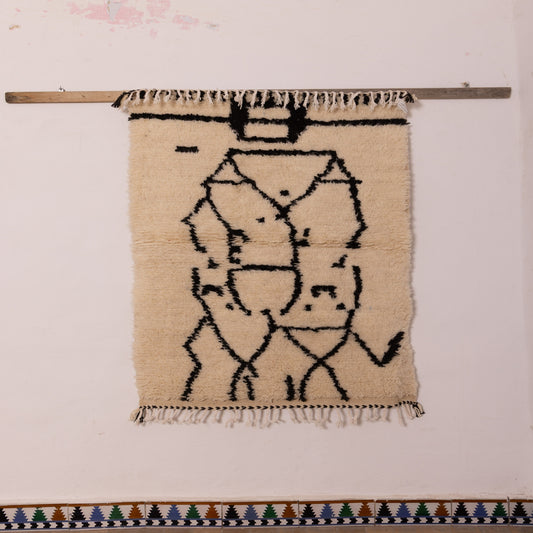 Modern Abstract Azilal Rug - Handmade Moroccan Wool & Cotton Wall Tapestry - Tribal Black Line Art Carpet