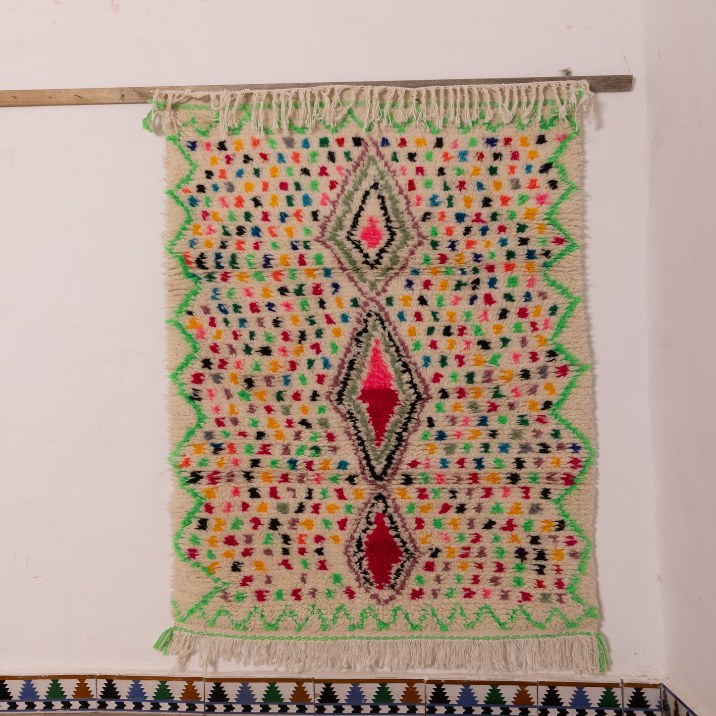 Colorful Moroccan Azilal Rug - Boho Handmade Wool & Cotton Berber Carpet - Small Accent Rug or Wall Art