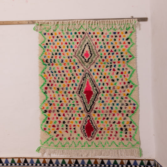 Colorful Moroccan Azilal Rug - Boho Handmade Wool & Cotton Berber Carpet - Small Accent Rug or Wall Art