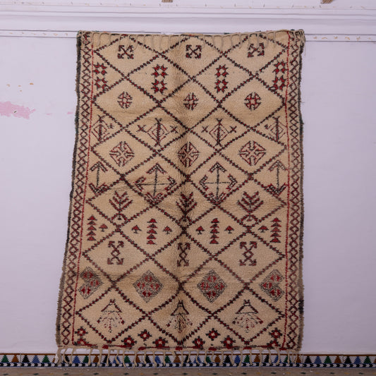 Vintage Moroccan Berber Rug – Handwoven Wool with Tribal Symbols & Red Accents