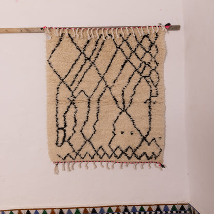 Minimalist Azilal Style Wool Rug - Black & White Diamond Pattern - Handmade Moroccan Wall Hanging or Runner