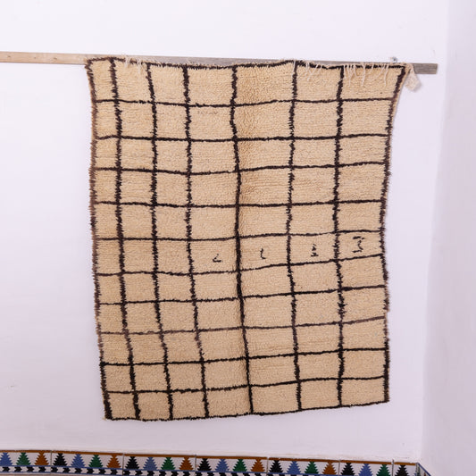 Minimalist Vintage Azilal Rug - Moroccan Handwoven Wool Grid Carpet - Neutral Cream & Brown Berber Style
