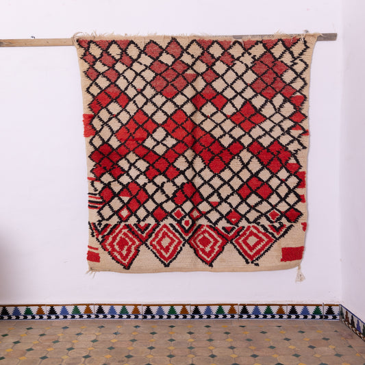 Bold Vintage Azilal Rug - Moroccan Handwoven Wool Rug with Red Diamond Motif - Boho Tribal Wall Hanging or Floor Accent