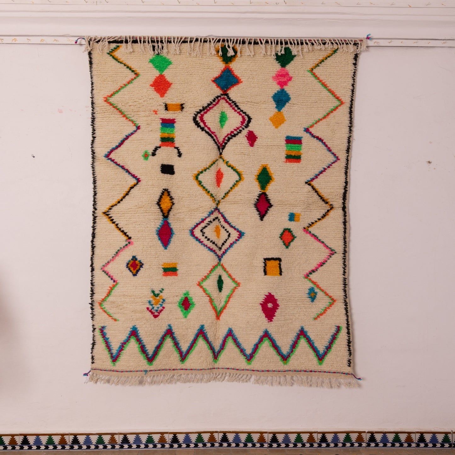 Playful Azilal Rug - Moroccan Handwoven Wool & Cotton Carpet - Bright Geometric Tribal Design - Boho Wall or Floor Decor