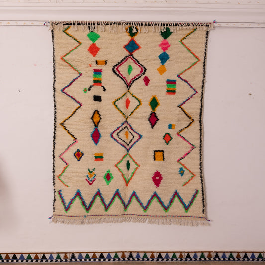 Playful Azilal Rug - Moroccan Handwoven Wool & Cotton Carpet - Bright Geometric Tribal Design - Boho Wall or Floor Decor