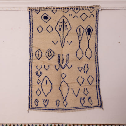 Blue Moroccan Azilal Rug - Handwoven Wool and Cotton Berber Carpet - Tribal Pattern - Contemporary Bohemian Decor
