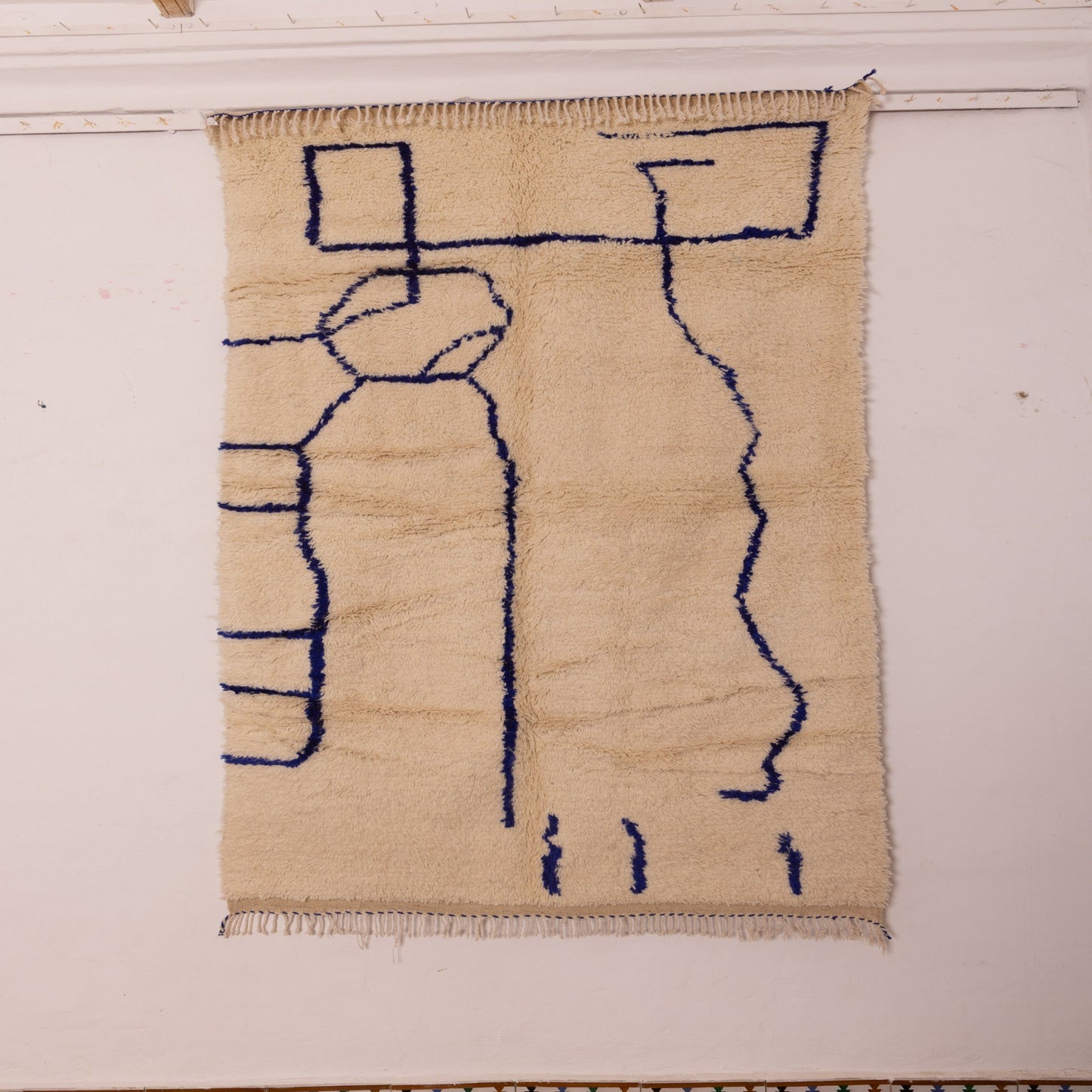Minimalist Abstract Moroccan Wool Rug - Handwoven Blue Line Art on Cream - Modern Berber Wall Hanging or Area Rug