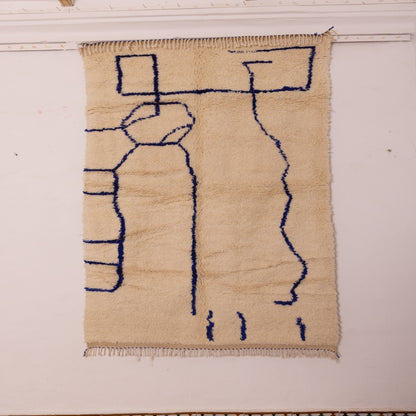 Minimalist Abstract Moroccan Wool Rug - Handwoven Blue Line Art on Cream - Modern Berber Wall Hanging or Area Rug