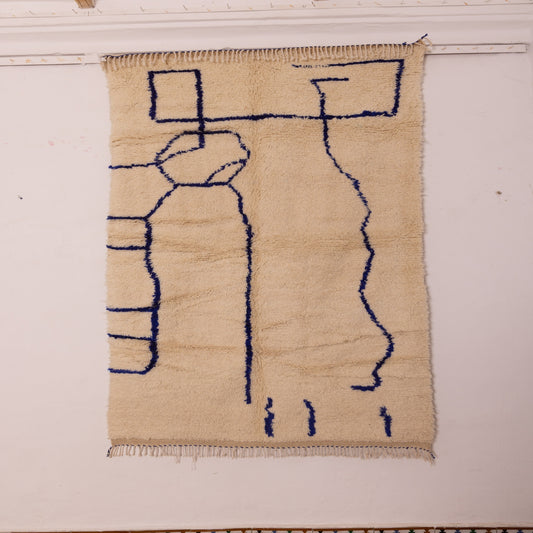 Minimalist Abstract Moroccan Wool Rug - Handwoven Blue Line Art on Cream - Modern Berber Wall Hanging or Area Rug
