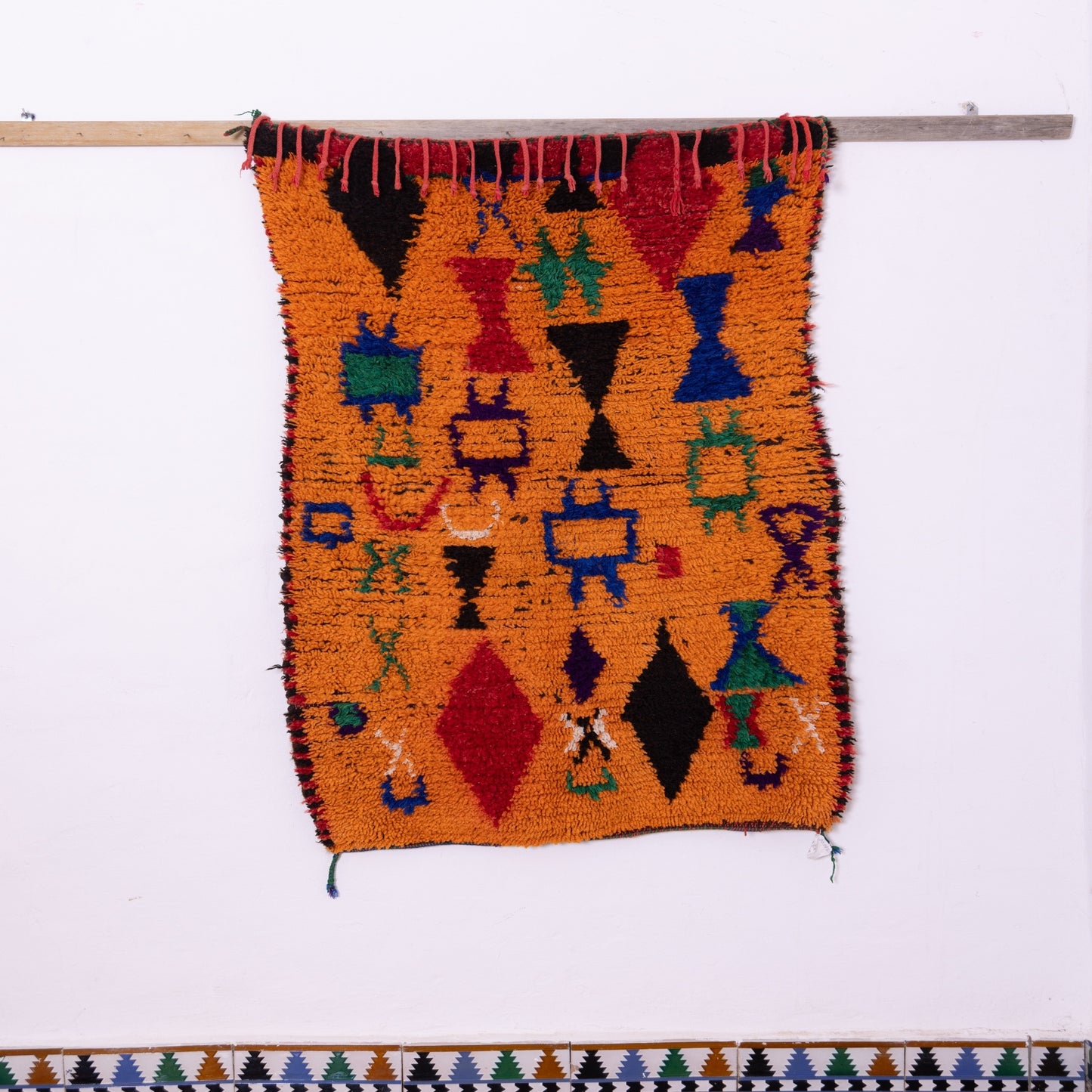 Vintage Orange Azilal Rug - Moroccan Berber Wool Carpet - Bold Tribal Pattern in Red, Green, and Black