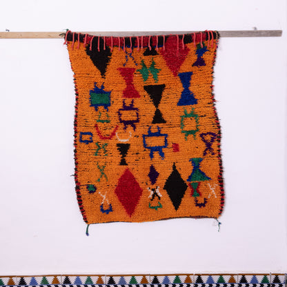 Vintage Orange Azilal Rug - Moroccan Berber Wool Carpet - Bold Tribal Pattern in Red, Green, and Black