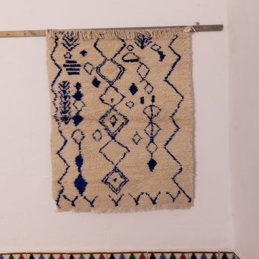 Handmade Moroccan Azilal Style Rug - Berber Wool Accent Rug with Indigo Blue Tribal Diamonds