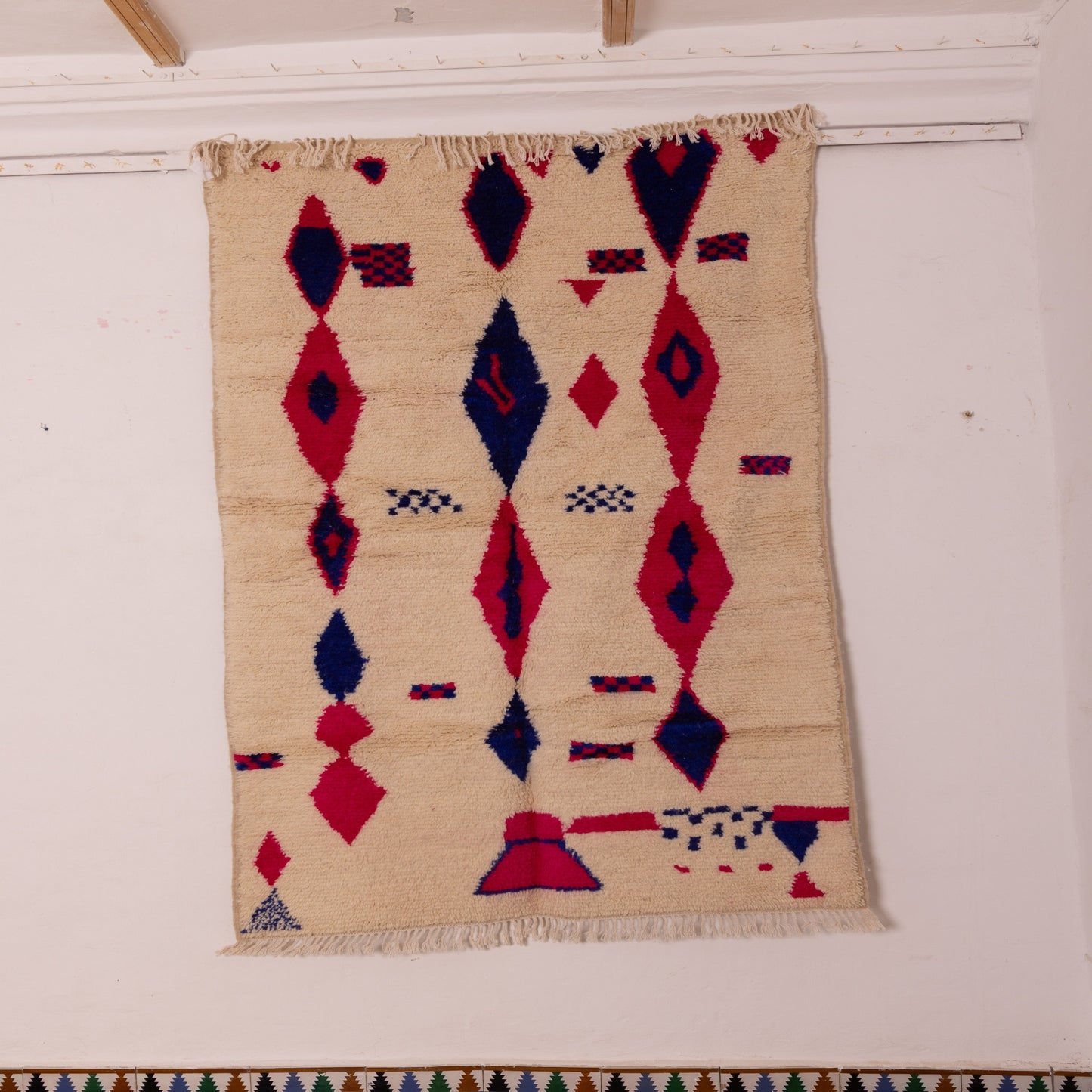 Moroccan Azilal Rug - Handmade Wool & Cotton Carpet - Magenta & Indigo Berber Symbols - Tribal Wall or Floor Art