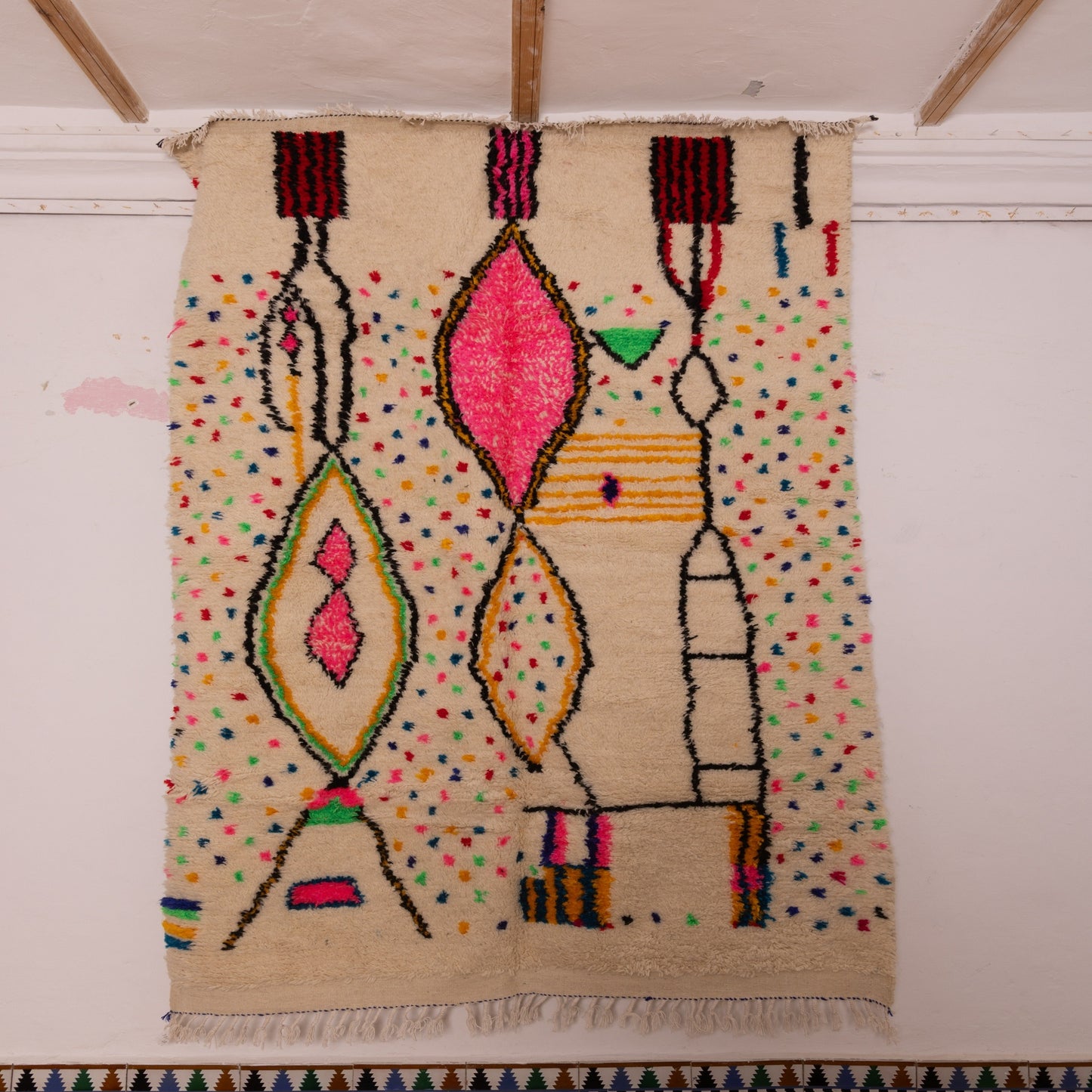 Colorful Abstract Azilal Rug - Handwoven Moroccan Wool & Cotton Carpet - Boho Modern Wall Art or Area Rug