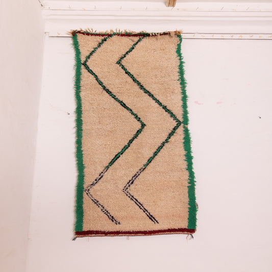 Vintage Moroccan Corridor Rug - Minimal Wool Runner with Zigzag Tribal Design and Green Border - Handwoven Berber Hallway Carpet