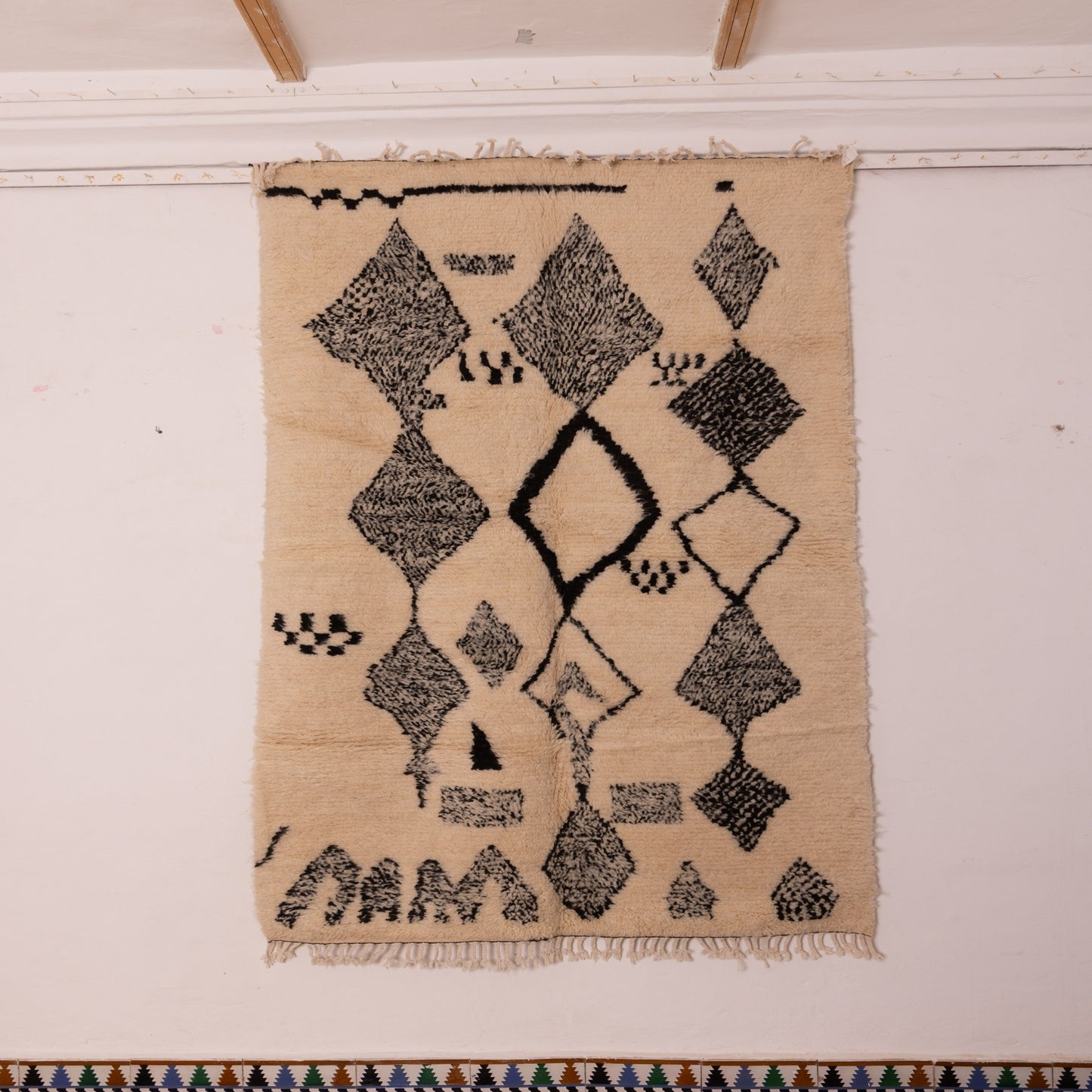 Handwoven Moroccan Wool Rug - Black & Cream Berber Tribal Diamonds - Abstract Azilal-Inspired Carpet