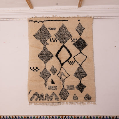 Handwoven Moroccan Wool Rug - Black & Cream Berber Tribal Diamonds - Abstract Azilal-Inspired Carpet