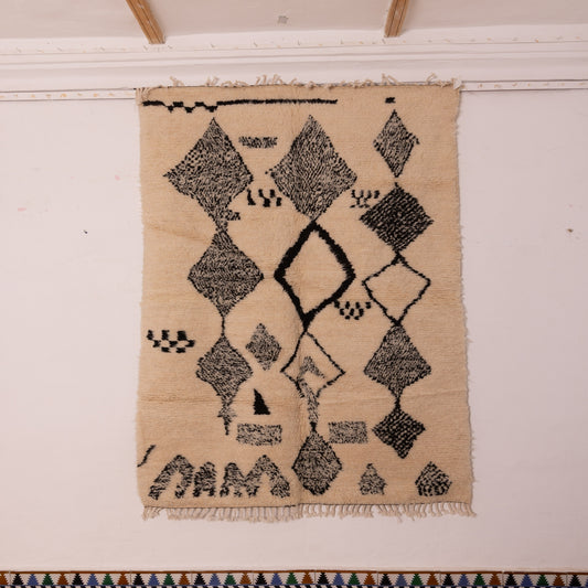 Handwoven Moroccan Wool Rug - Black & Cream Berber Tribal Diamonds - Abstract Azilal-Inspired Carpet