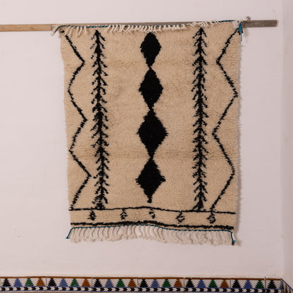 Neutral Azilal Rug - Black Diamond Tribal Design - Handwoven Moroccan Wool & Cotton Small Carpet