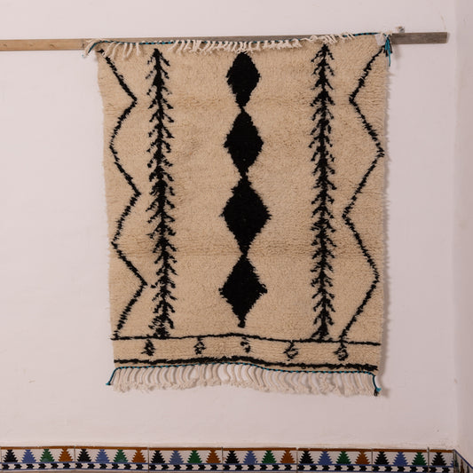 Neutral Azilal Rug - Black Diamond Tribal Design - Handwoven Moroccan Wool & Cotton Small Carpet