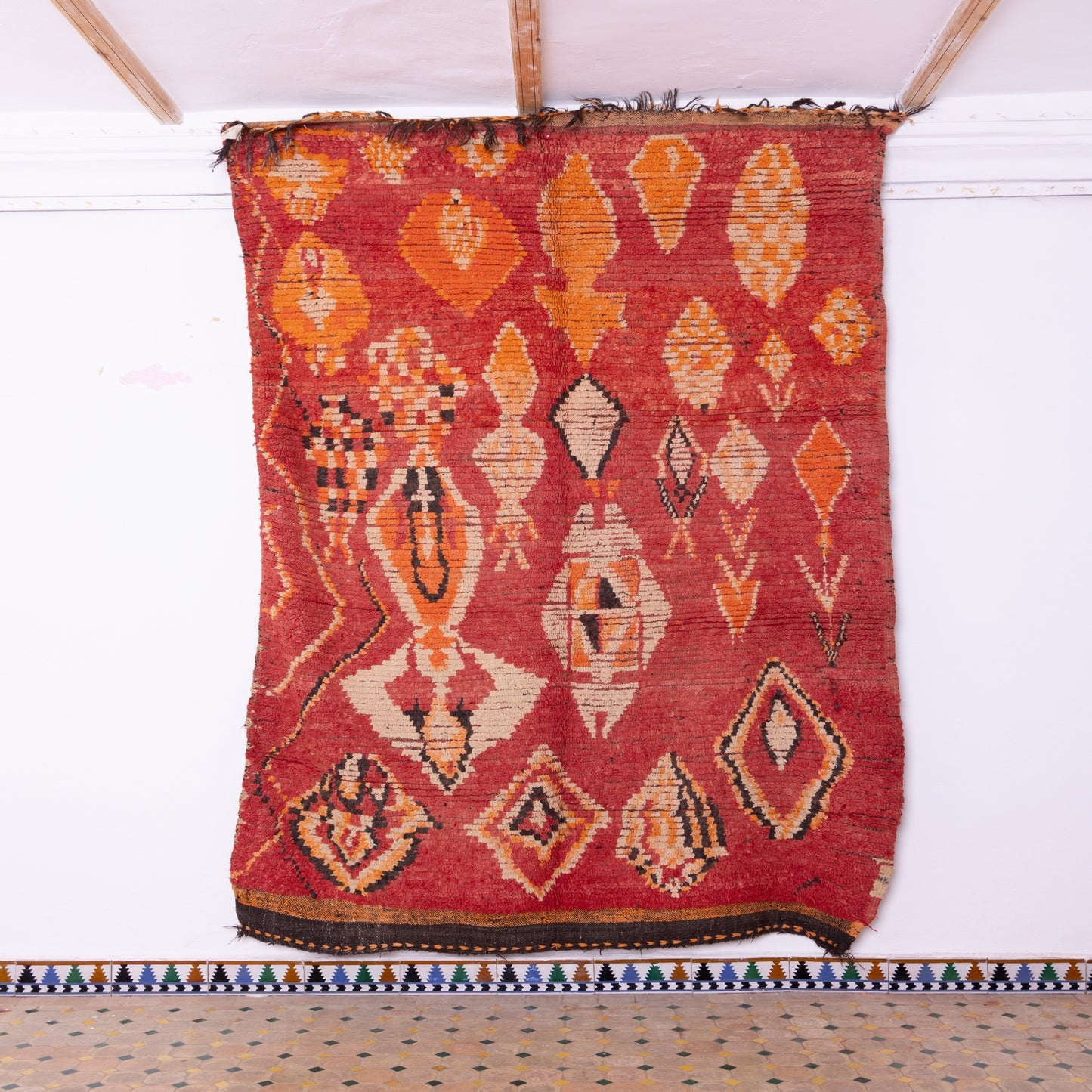 Vintage Moroccan Rehamna Rug – Handmade Berber Wool Carpet with Fiery Red & Orange Tones ; 10,33 ft / 6,07 ft