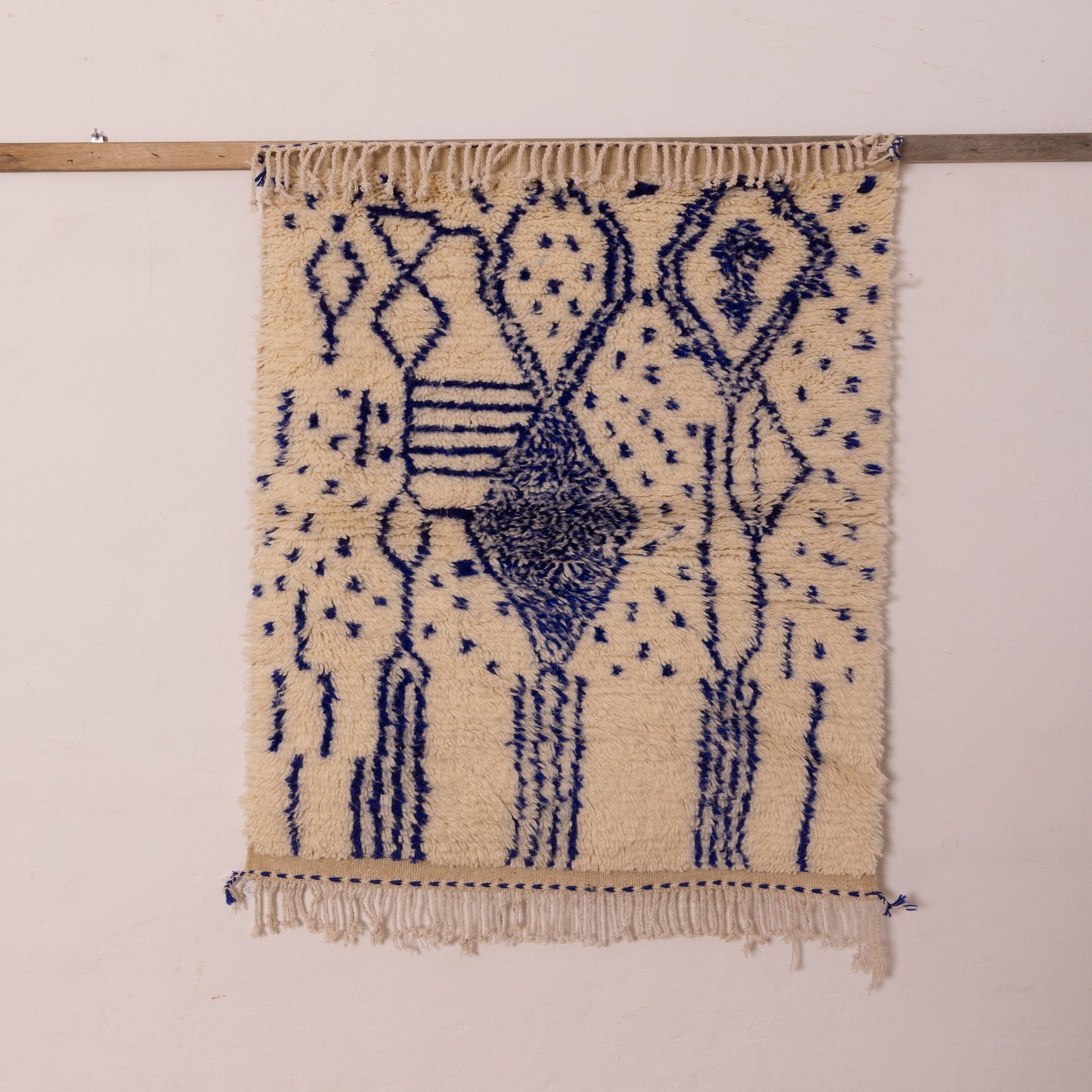 Modern Blue & Cream Azilal Rug - Geometric Tribal Art - Moroccan Handmade Wool & Cotton - Small Berber Wall or Floor Rug
