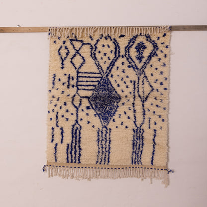 Modern Blue & Cream Azilal Rug - Geometric Tribal Art - Moroccan Handmade Wool & Cotton - Small Berber Wall or Floor Rug