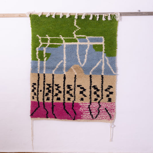 Handmade Boujad Moroccan Rug – Abstract Wool Berber Carpet – Unique Green & Pink Boho Rug – Geometric Wall Hanging – Moroccan Home Decor
