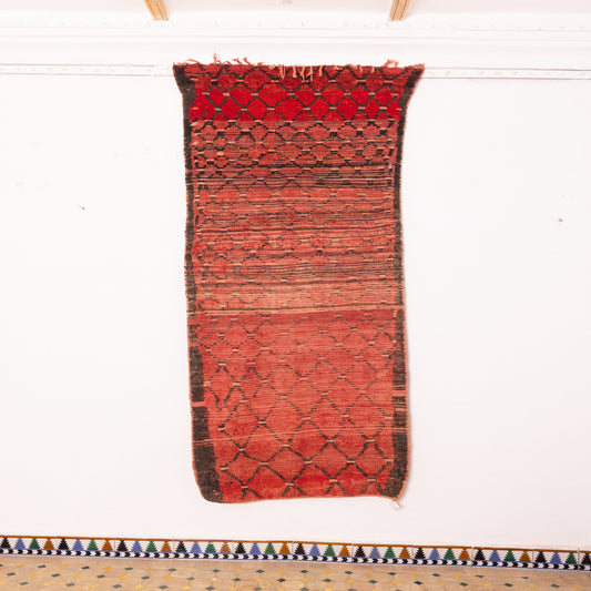 Vintage Moroccan Berber Runner Rug - Faded Red Diamond Pattern - Handmade Tribal Hallway Carpet