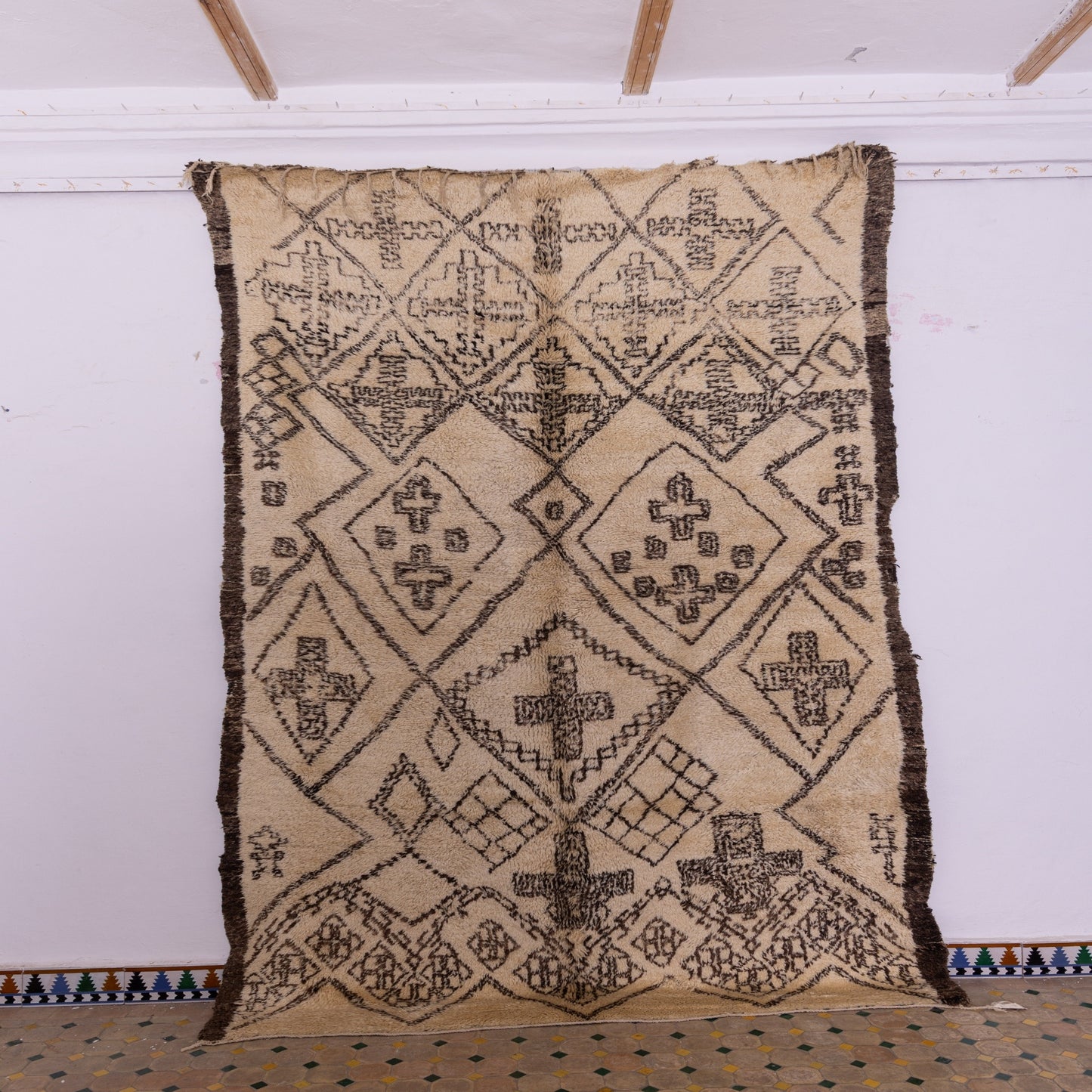 Vintage Moroccan Beni Ourain Rug | Handwoven Wool Berber Carpet with Tribal Symbols ;  10,83 ft  / 6,40 ft