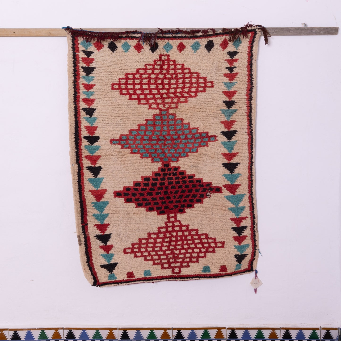 Vintage Azilal Wool Rug - Tribal Diamond Totem Design - Handwoven Moroccan Berber