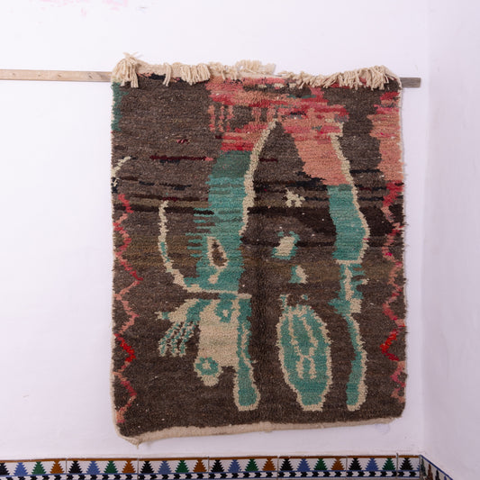 Earthy Abstract Boujad Rug – New Moroccan Wool Rug – Tribal Green & Terracotta Design – Handmade Berber Textile Wall Hanging or Rug