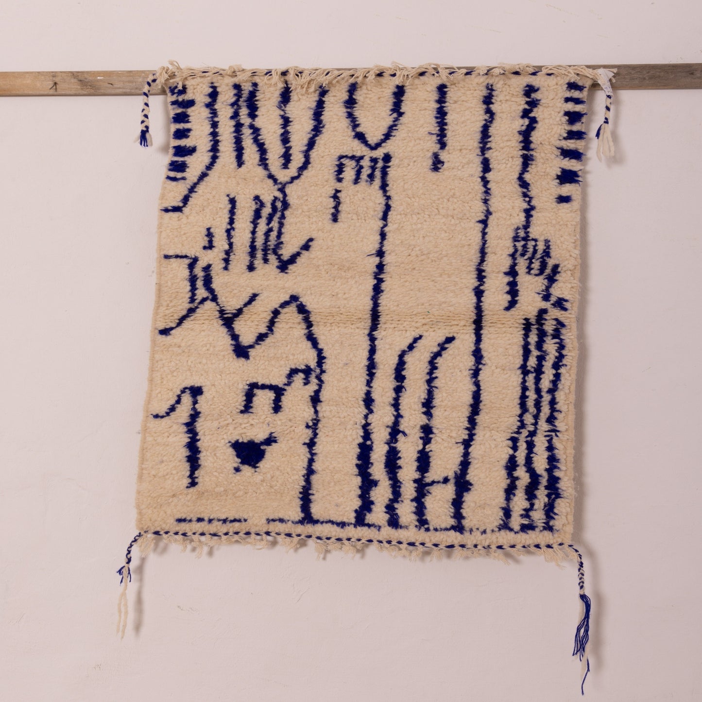 New Handmade Azilal Wool Rug - Abstract Blue Design on Cream - Modern Moroccan Tribal Art for Floor or Wall