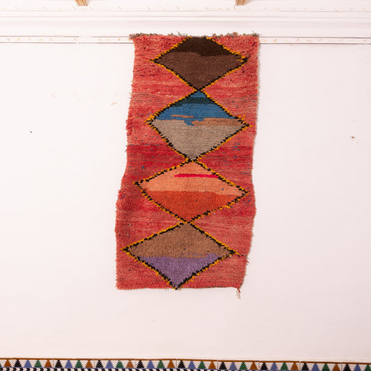 Colorful Vintage Moroccan Runner Rug - Stacked Diamond Corridor Carpet - Handwoven Wool Boucherouite Rug - Boho Hallway Decor