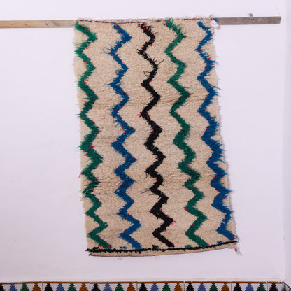 Vintage Azilal Moroccan Rug - Handwoven Wool Runner with Zigzag Pattern - Cream, Green, Blue & Black Berber Carpet